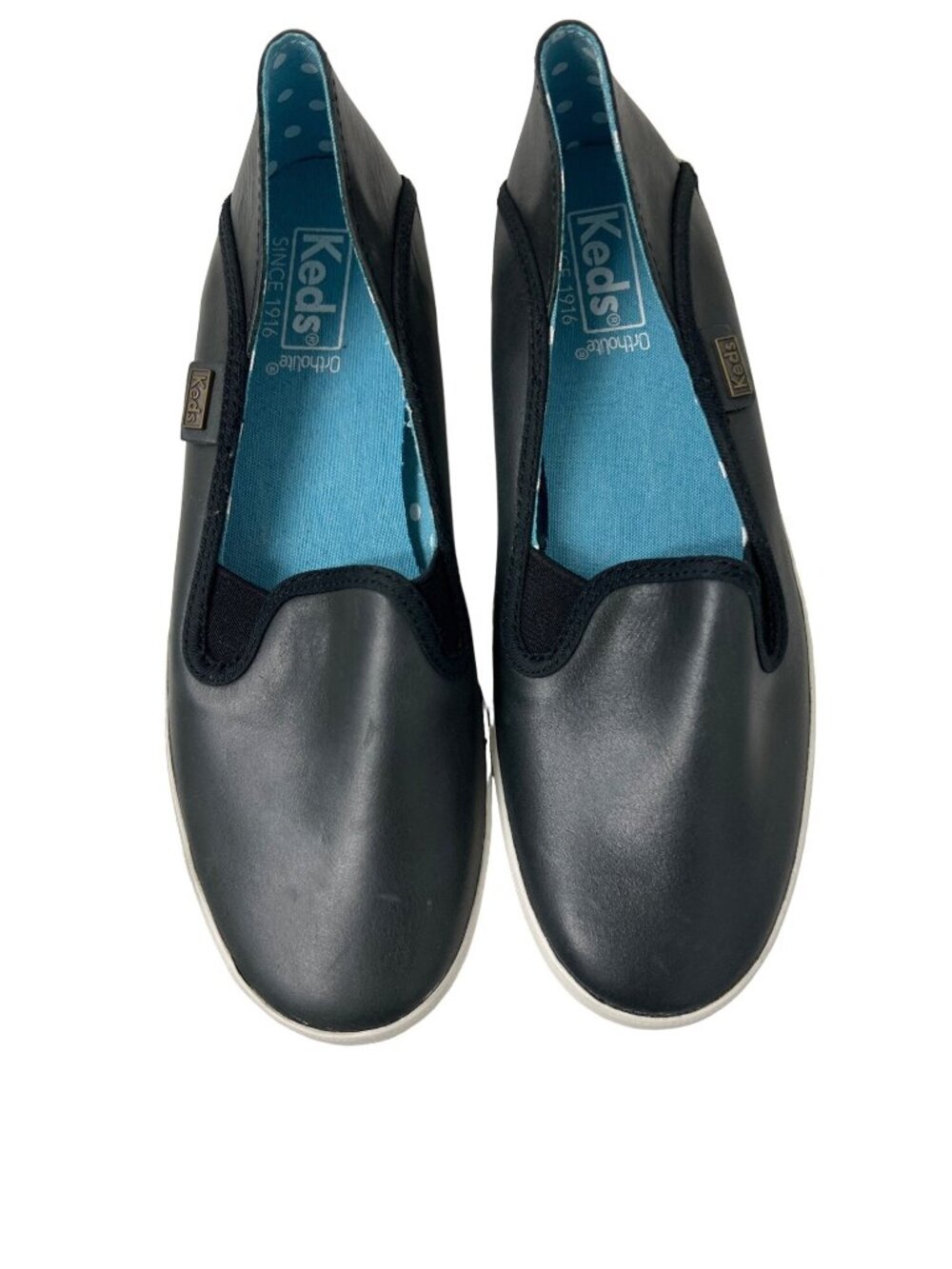 Keds Ortholite Black Slip-On Shoes With Polka Dot Aqua Inner Lining
